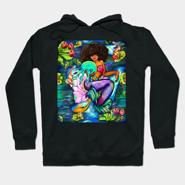 Mermaid holding a jellyfish with Koi fish in koi pond with plants and flowers black African American mermaid Hoodie by Artonmytee